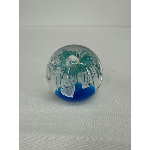 Other - Paperweight Art Glass Sphere With Controlled Bubbles Blue & Clear 3" Jellyfish